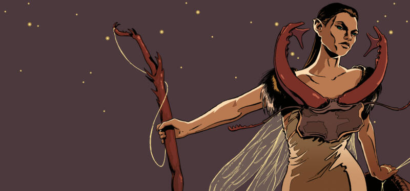 Hela illustrationen till skivomslaget till Bjelkeborn: Love in the Eye of Queen Mab, som visar drottning Mab från Shakespeares Romeo och Julia.