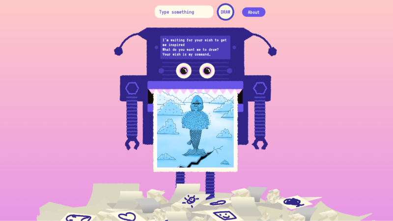 en bild av en robot som håller en teckning i munnen