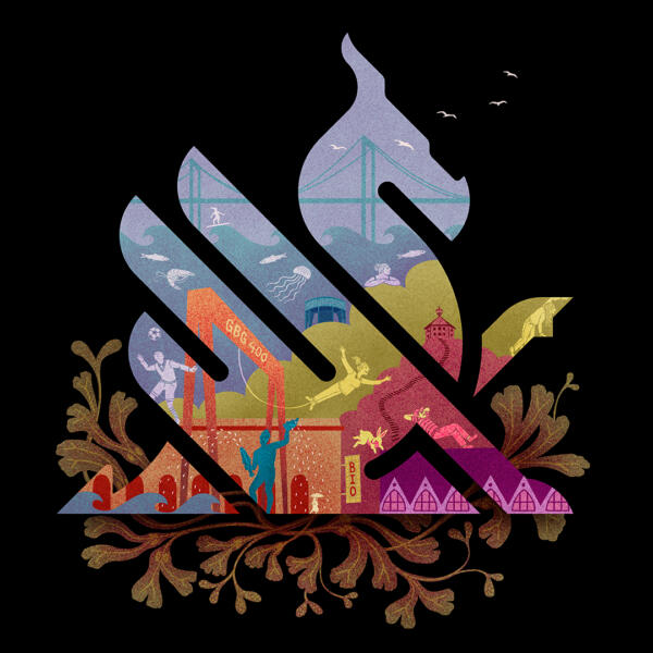 Illustration av landmärken i Göteborg som är infälld i draksymbolen som hör till för Göteborg Film Festival.