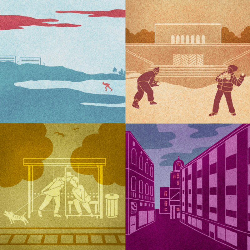 Illustration uppdelad i fyra delar. Olika vyer över Göteborg. Någon åker skridskor på en sjö medan några har snöbollskrig och , andra pussas. 