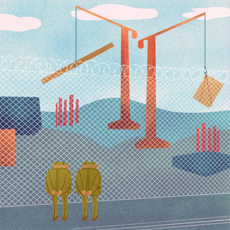 Illustration som visar ett bygge bakom ett saket. Framför staketet ser vi två gubbar som står med ryggen mot oss. De ser likadana ut och har händerna på ryggen. De tittar på bygget.