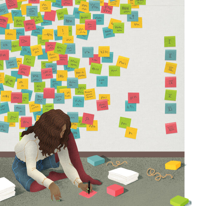 Illustration med en person som sitter på golvet och skriver på post-its. Bakom personen finns en vägg som är fylld med post-its.