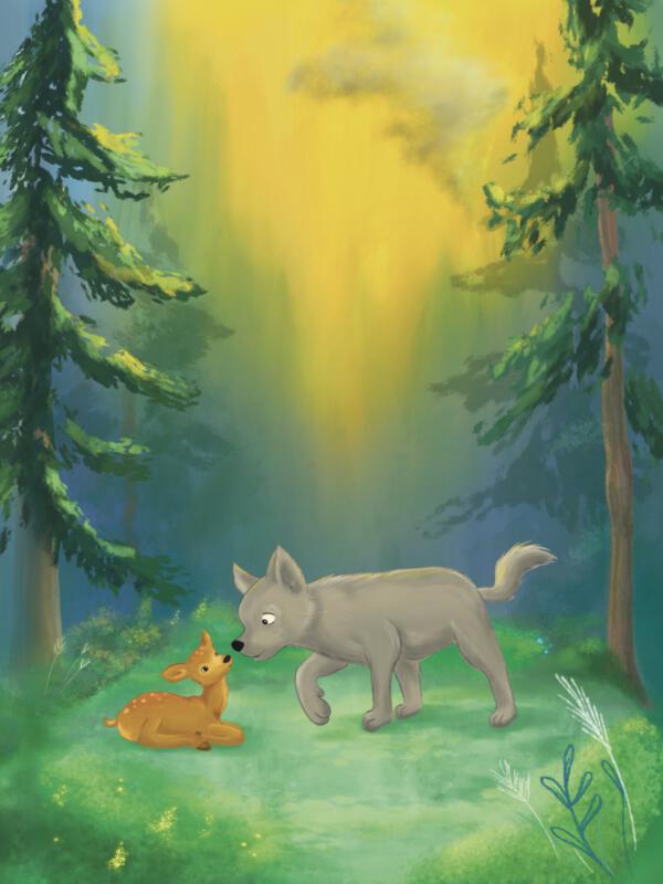 Bokomslag (bild) till boken "Nala och rådjuret". Digital målning av rådjur och varg i skog.