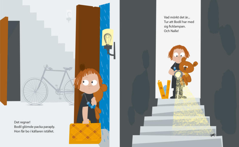 Illustrationer ur bilderboken Bodil rymmer hemifrån.
