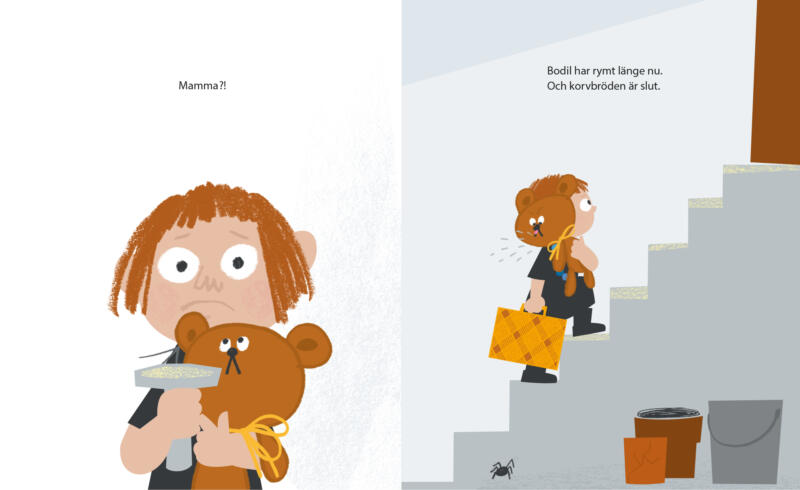 Bilderboksillustration av barn med nalle och ficklampa.