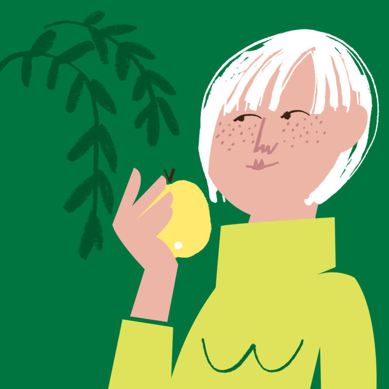 Illustration av kvinna som äter ett äpple vid träd.