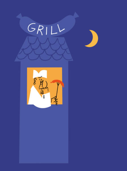 Illustration av man i korvkiosk som säljer korv.