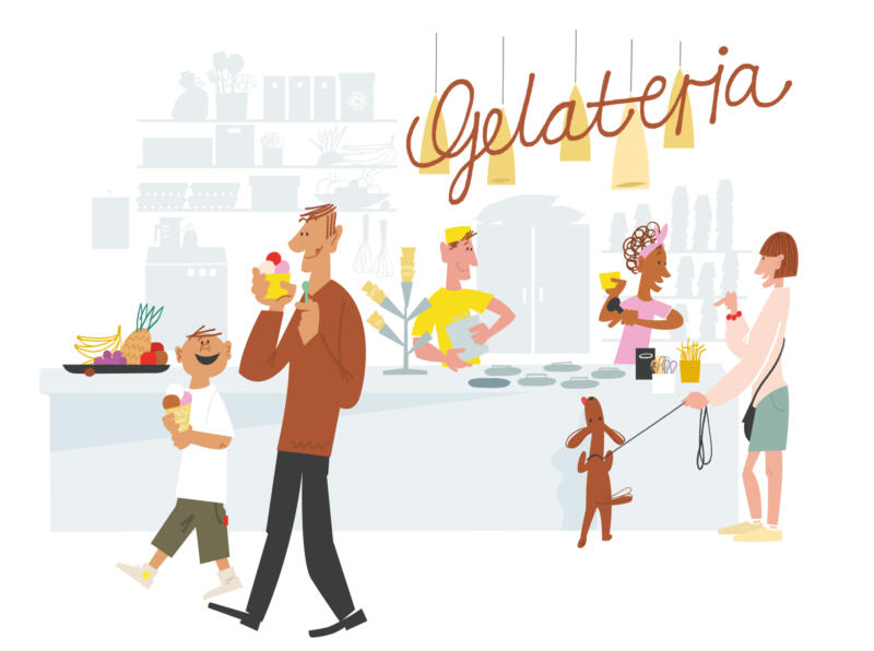 Illustration av människor och hund italiensk glassbutik.