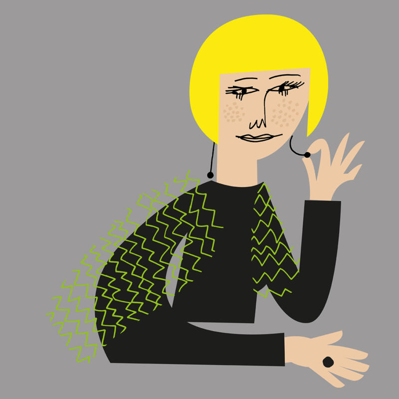 Illustration av kvinna med grön sjal och örhängen.