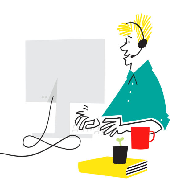 Kundsupport, man med headset och dator.
