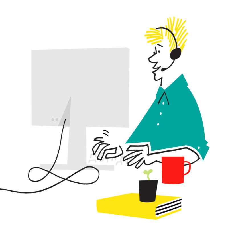 Kundsupport, man med headset och dator.