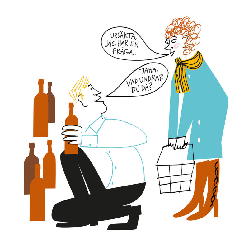 Kund  med varukorg som ber om hjälp av medarbetare i butik.