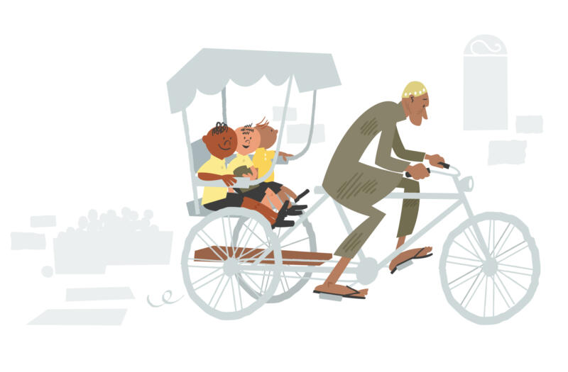 Indiska barn som skjutsas i rikshaw av fattig man.