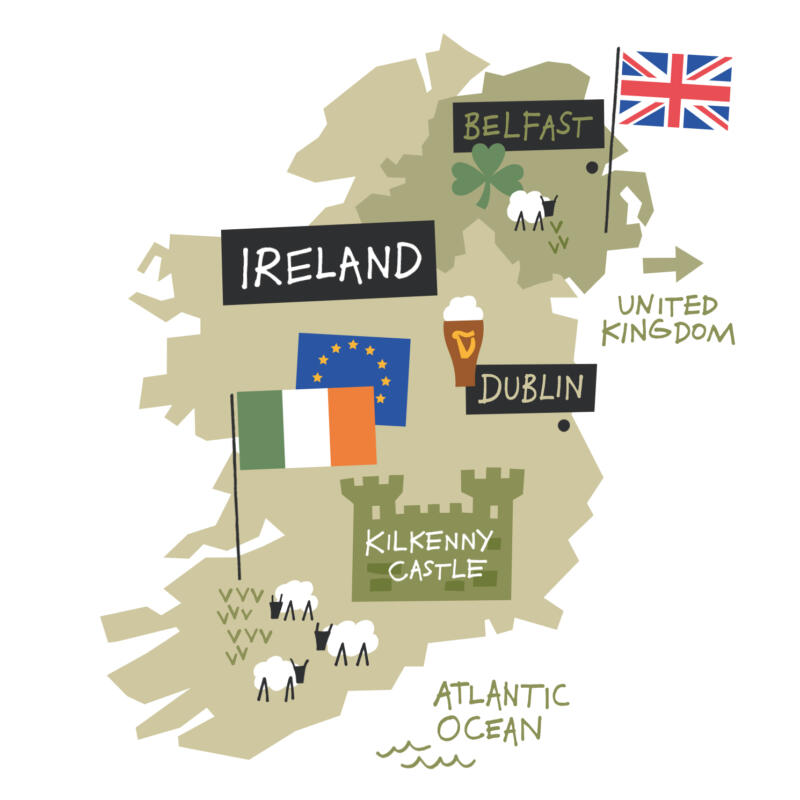 Karta av Irland med landmärken och får.