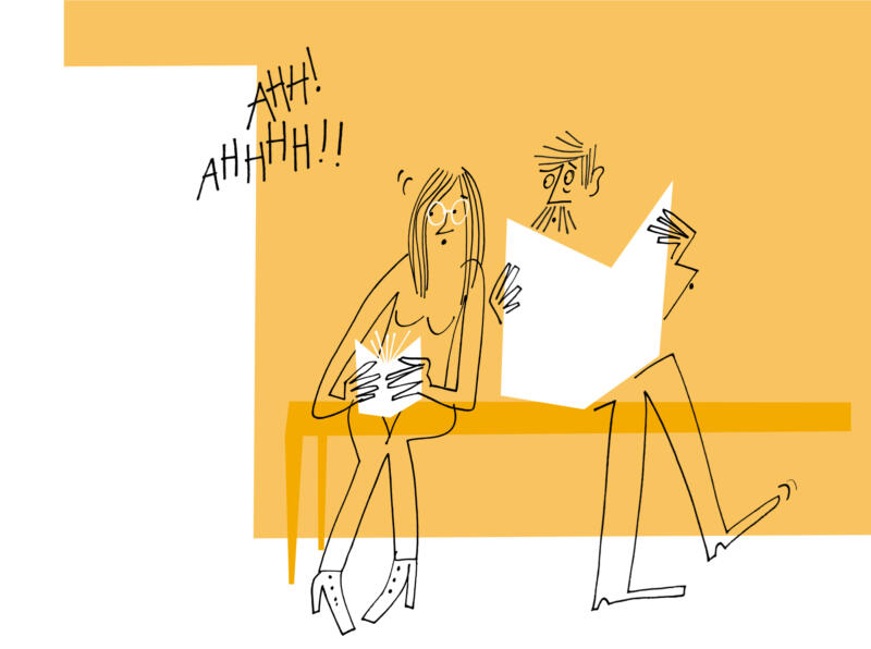 Illustration av människor som sitter i ett väntrum.
