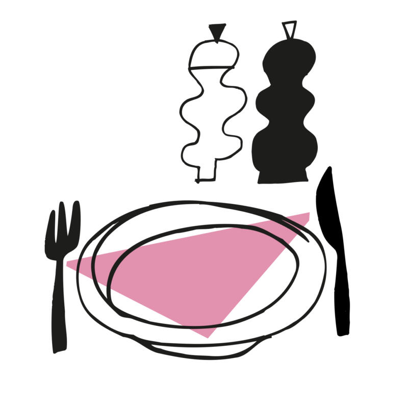 Illustration av tallrik, kniv och gaffel.