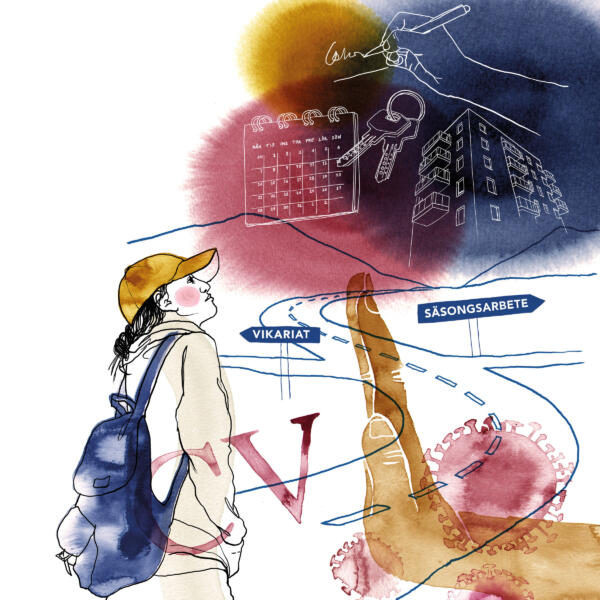 Illustration, collage av akvarell och teckning. Illustrationen föreställer en ung tjej med ryggsäck som går på en väg. Vägen delar sig med två skyltar där det står vikariat och säsongsarbete. En hand säger stopp och coronavirus syns. I himlen syns nycklar, hus, kontrakt. Färgerna är rött, blå och beige.