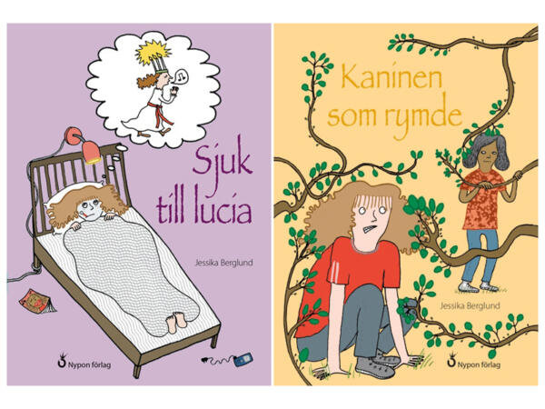 Omslagsbild av barnböcker Sjuk till lucia och Kaninen som rymde.