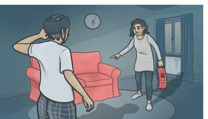 Tecknad illustration på en kvinna som jobbar som personlig assistent som försöker få vårdtagaren komma till ro på natten