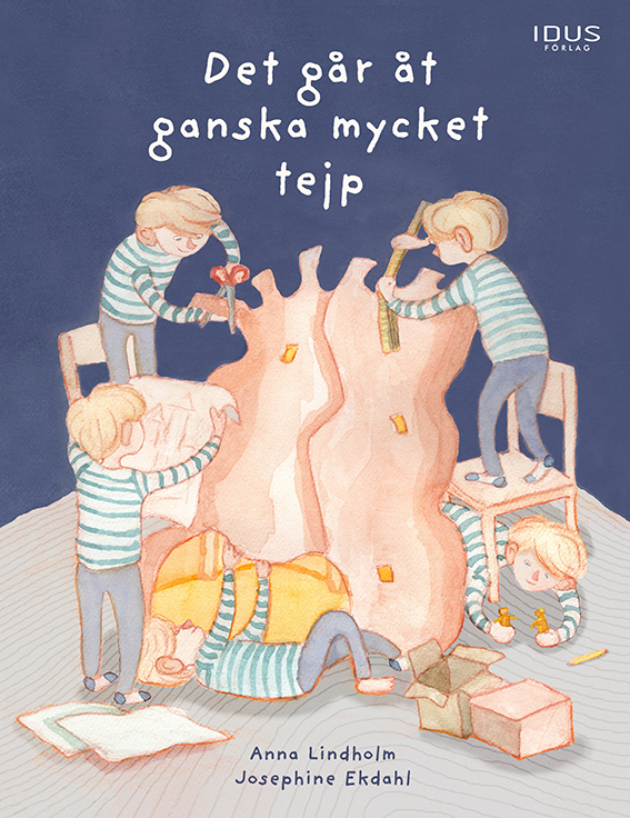 Omslag till barnboken Det går åt ganska mycket tejp, föreställande flera Elis i olika positioner när han bygger på sitt slott. En Elis mäter med linjal, en klipper, en tittar på en ritning, två ligger på golvet och leker eller fixar. På golvet runt slottet ligger papper, en penna och kartonger.