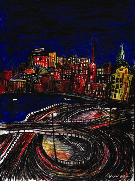 En illustration av Slussen innan ombyggnationen med vägar och stadsbild.