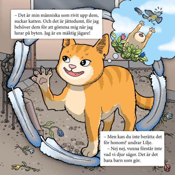 Orange katt, fjädrar, grus, sida från barnboken Liljes frön, katt som är en livsfarlig jägare