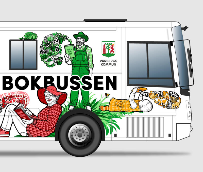 Illustrationer som tryckts i storformat och sedan monteras på en buss/fordonsytor.