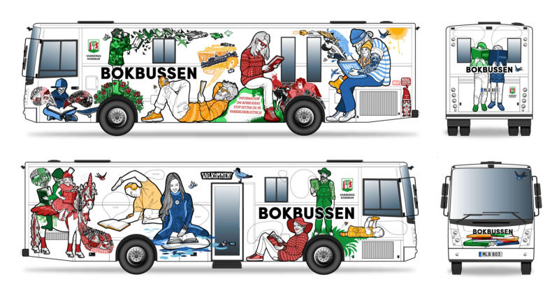 Illustrationer som tryckts i storformat och sedan monteras på en buss/fordonsytor.
