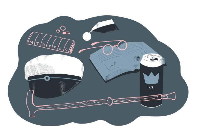 Illustration med symboler för studentliv blandad med symboler för pensionärsliv. 