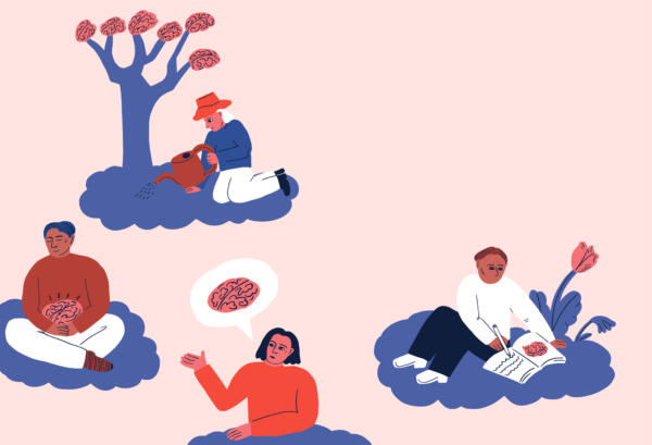 Illustration där fyra karaktärer tar hand om sin hjärna på olika sätt.