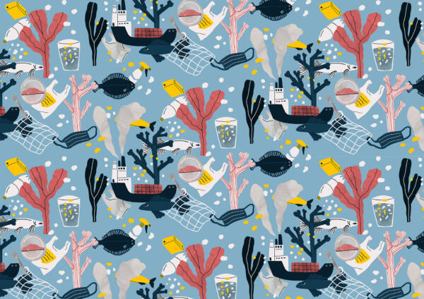 Mönsterrapport med plast och fiskar i collagestil