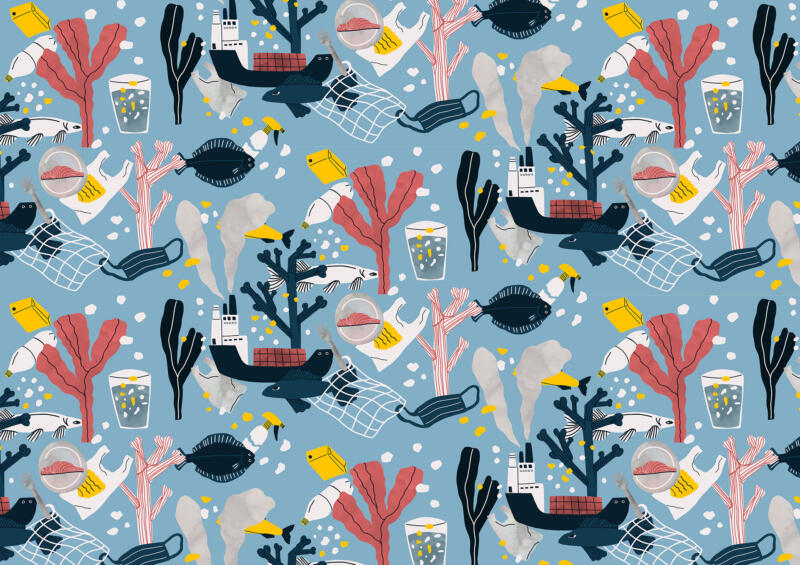 Mönsterrapport med plast och fiskar i collagestil