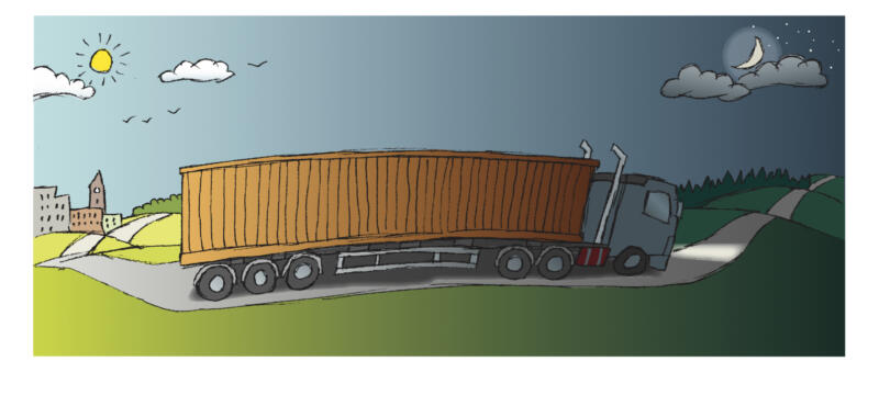 Illustration till Transportarbetaren: Container lastbil som kör från morgon till kvall.