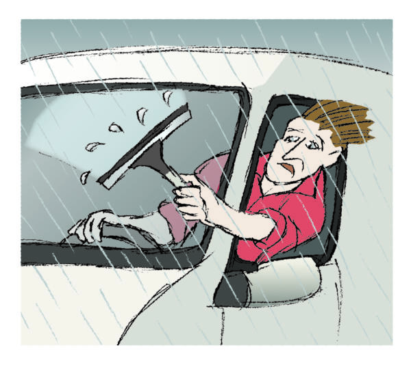 Illustration till Transportarbetaren. Förare som torkar vindrutan manuellt.