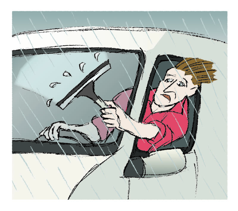 Illustration till Transportarbetaren. Förare som torkar vindrutan manuellt.