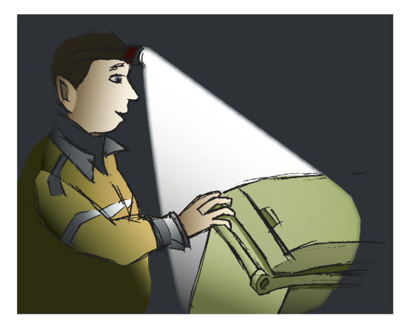 Illustration till Transportarbetaren. Kvinnlig sophämtare arbetar när det är mörkt.