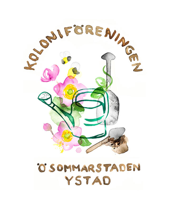 Vattenkanna med blommor och spadar redo för plantering