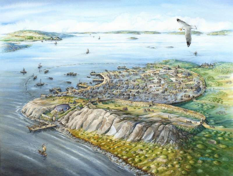 fågelperpektiv på Birka, borgberg, fornborg, Garnisonen, vikingaskepp, hamn, fjärden mot Gamla Uppsala, krigargrav, kvinnokrigare, Adelsö