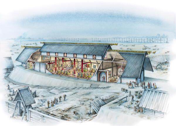 genomskärning, forntida festsal, kung, drottning, bjudning, Vendel, Valsgärde, aristokrater, merovingian, krigare, Beowulf, Sutton Hoo 