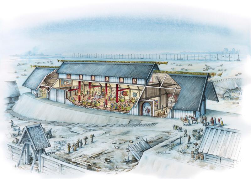 genomskärning, forntida festsal, kung, drottning, bjudning, Vendel, Valsgärde, aristokrater, merovingian, krigare, Beowulf, Sutton Hoo 