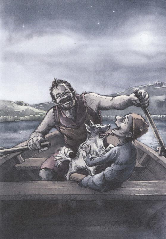 Glad vuxen man med förkläde, glad hund, viftar på svansen och slickar glad pojke i ansiktet, de sitter i en roddbåt, månljus, öppet landskap