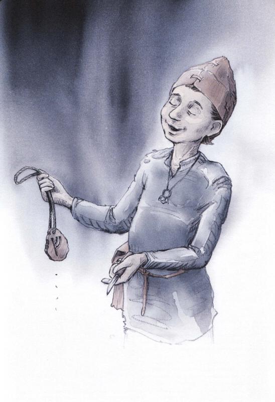 Pojke på vikingatiden, runor, mörkt, tecknat med svart penna, målat med svart tusch, svaga färgtoner 