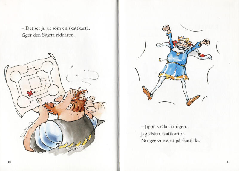 Riddare, humoristiskt, skattkarta, fart och spänning, lättlästa böcker, tusch, tecknat, analogt