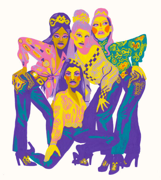 versace modeteckning föreställande modeller i kläder av atelier Gianni Versace