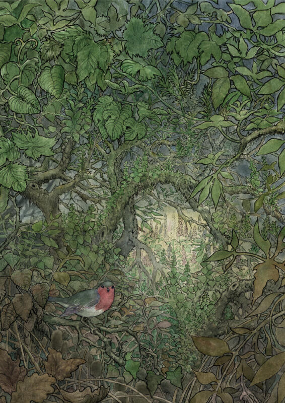 The robin is a messenger, or "spirit guide", in this meticuously executed ink/watercolour artwork