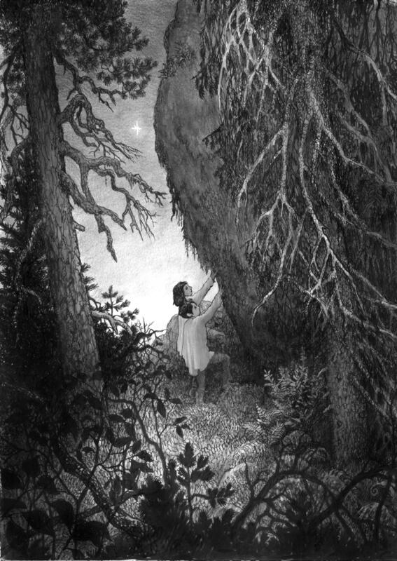 Troll mountain cave entrance. Children in white. Midsummer twilight illustration. The Horror.