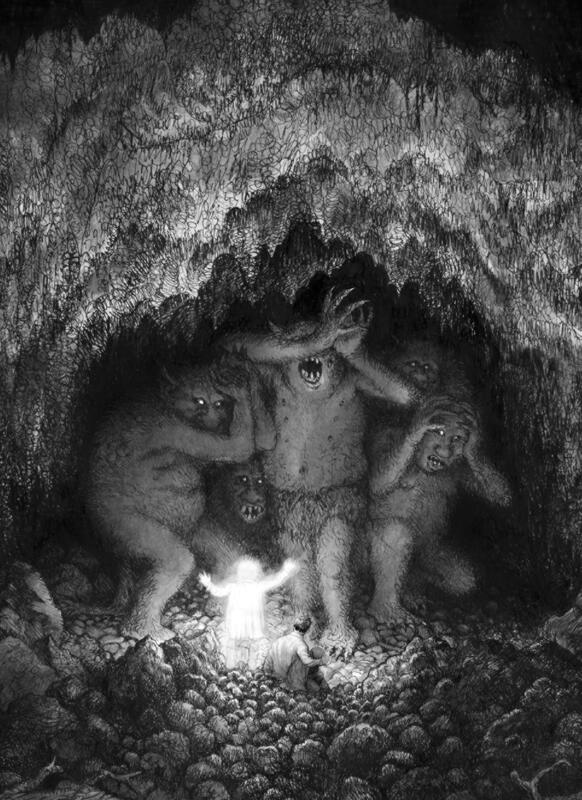 Lucia. Ljusbringande flicka förstenar grottlevande troll med vit magi. Skräck. Light bearer turns troll into stone through white magic. Childrens book illustration.