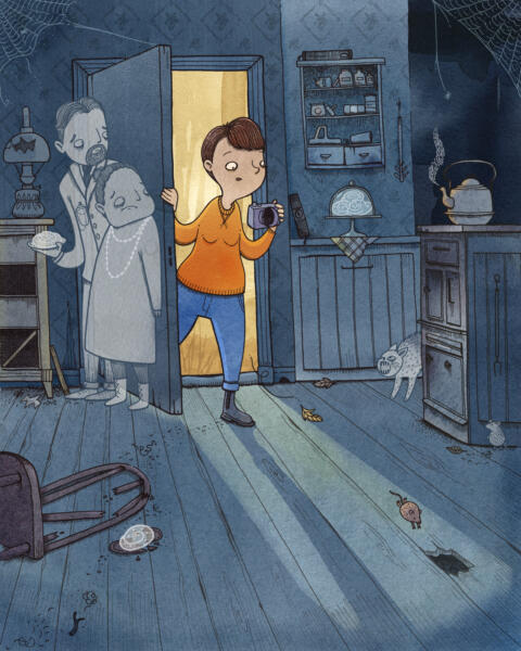 Illustration av ett spökhus, akvarell och digital teknik