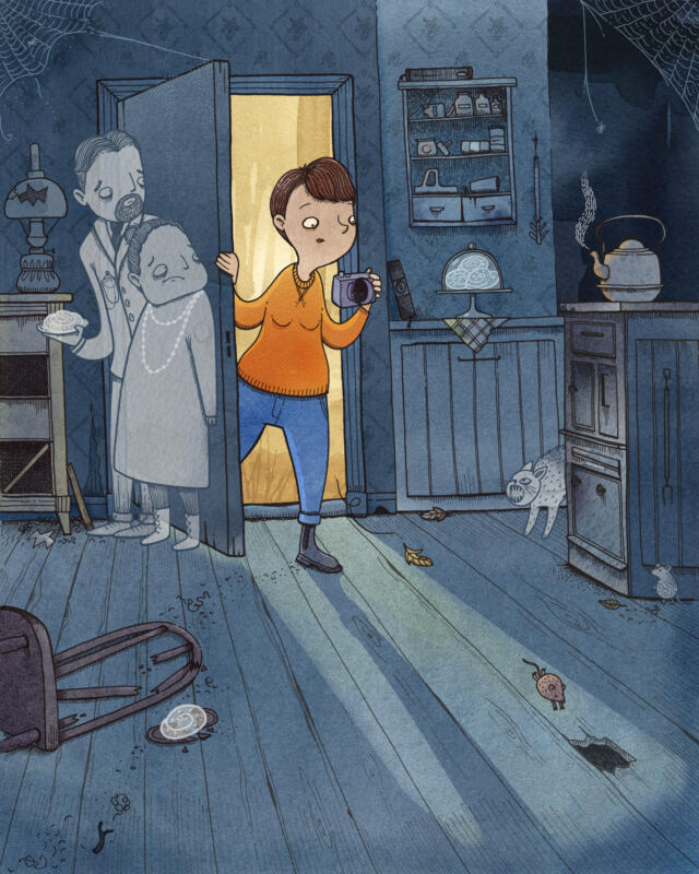 Illustration av ett spökhus, akvarell och digital teknik