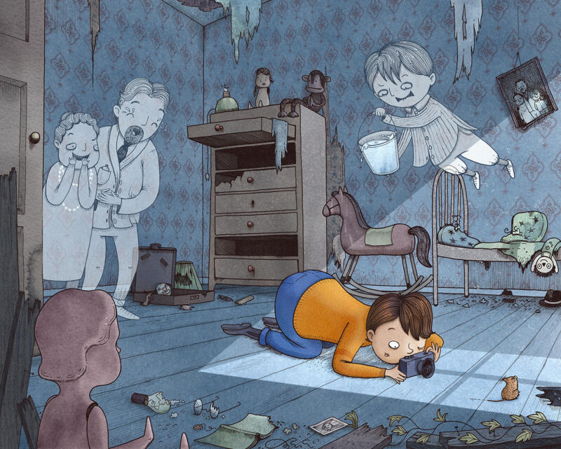Illustration av ett spökhus, akvarell och digital teknik